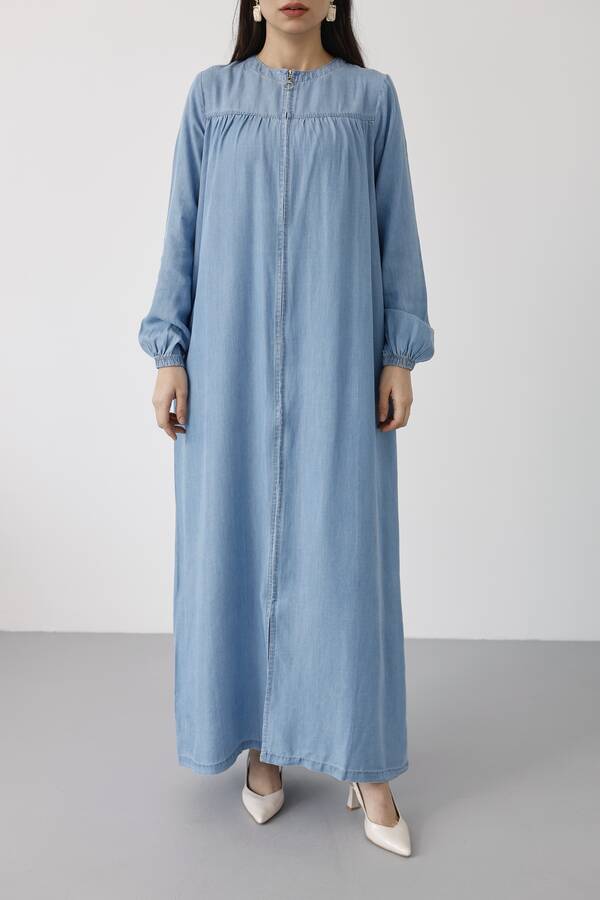 6470-Denim Fermuarlı Ferace Mavi