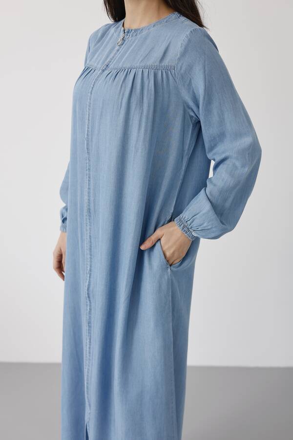 6470-Denim Fermuarlı Ferace Mavi