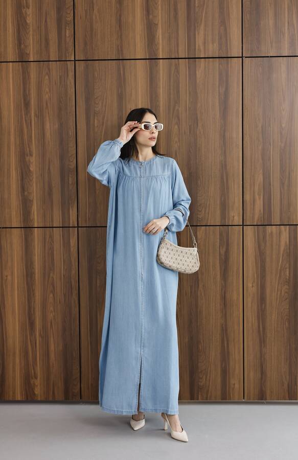 6470-Denim Fermuarlı Ferace Mavi