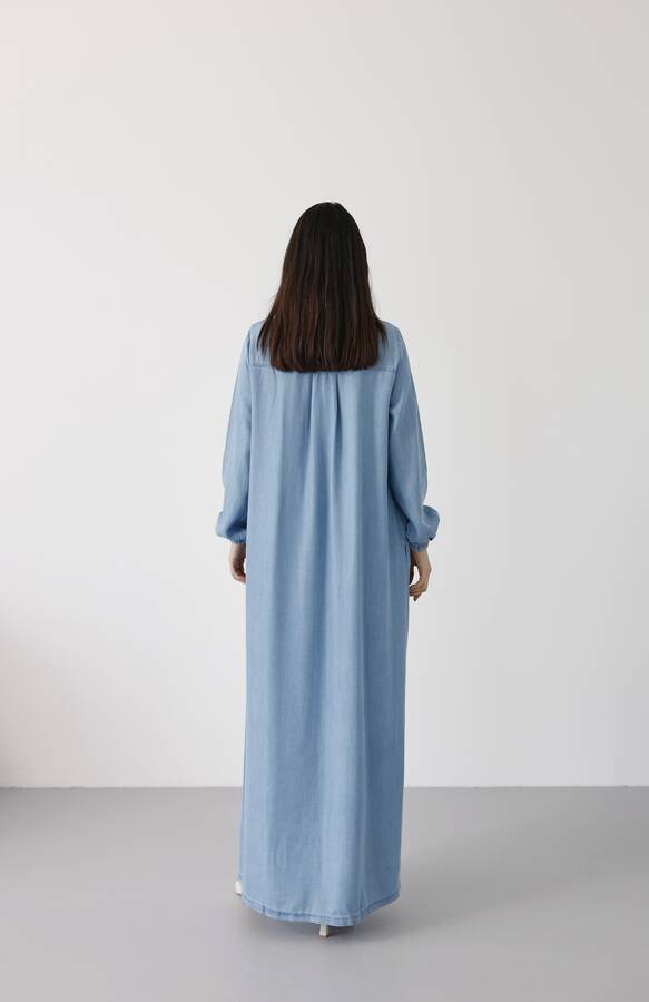 6470-Denim Fermuarlı Ferace Mavi