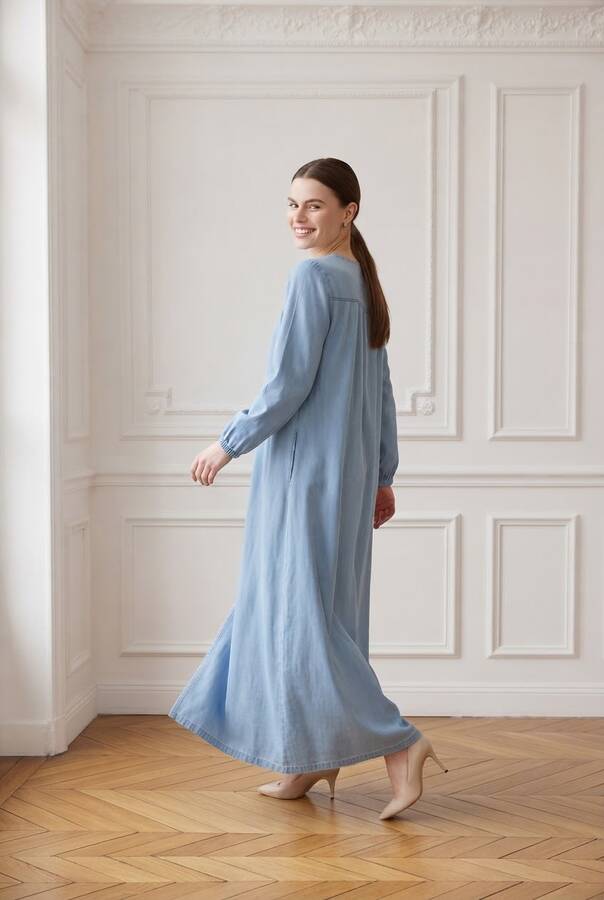 6470-Denim Fermuarlı Ferace Mavi