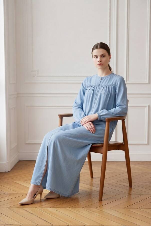 6470-Denim Fermuarlı Ferace Mavi
