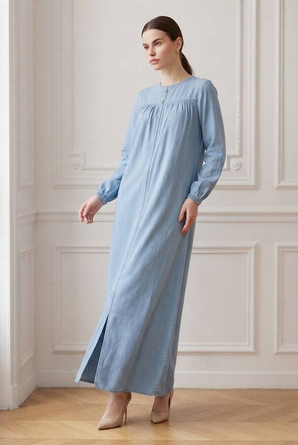 6470-Denim Fermuarlı Ferace Mavi
