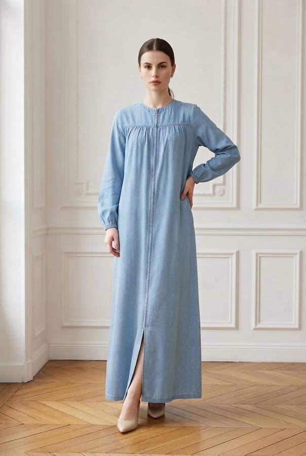 6470-Denim Fermuarlı Ferace Mavi