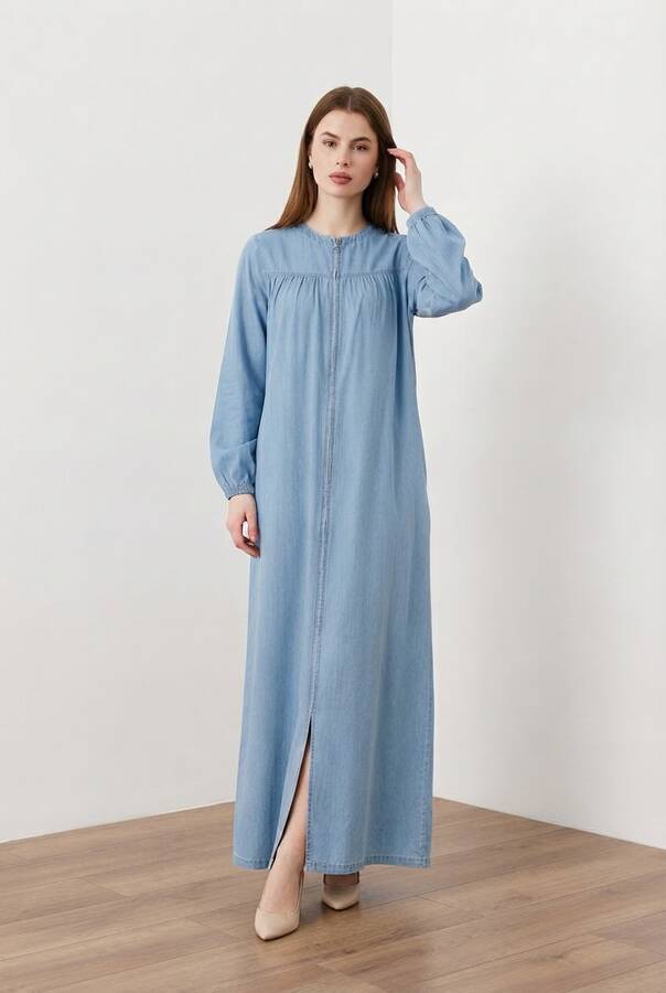 6470-Denim Fermuarlı Ferace Mavi