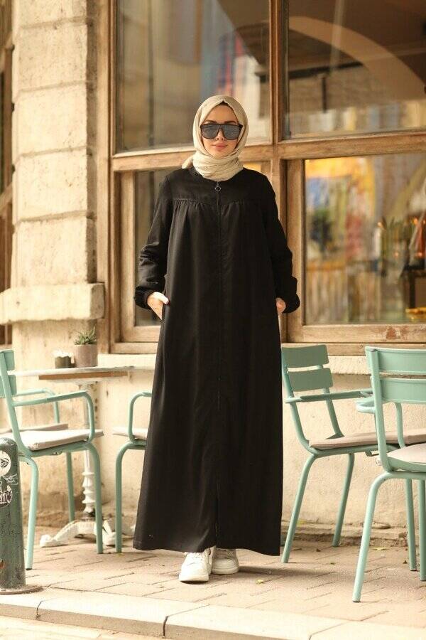 6470-Denim Fermuarlı Ferace Siyah