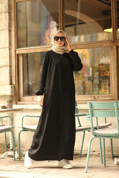Neways - 6470-Denim Fermuarlı Ferace Siyah