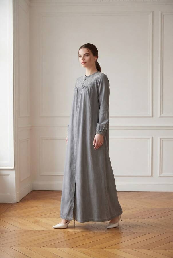 6470-Denim İncili Tensel Ferace Gri