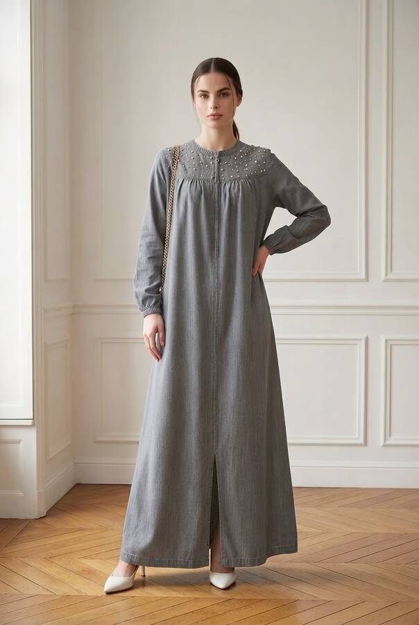 6470-Denim İncili Tensel Ferace Gri