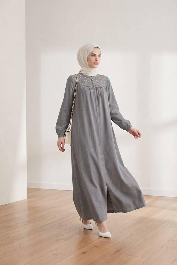 6470-Denim İncili Tensel Ferace Gri