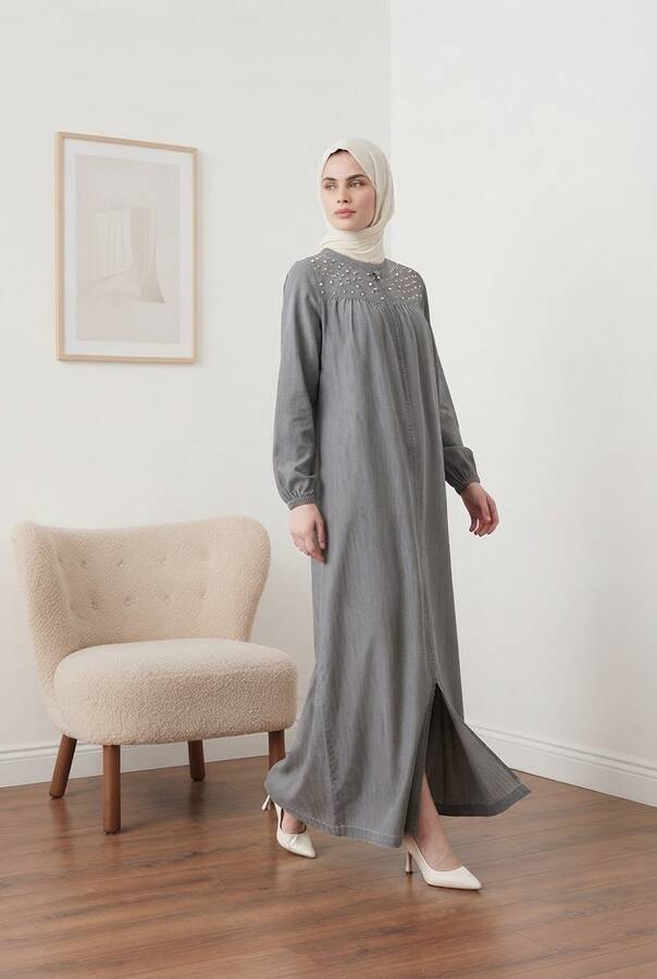 6470-Denim İncili Tensel Ferace Gri