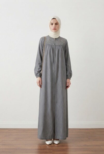 Neways - 6470-Denim İncili Tensel Ferace Gri