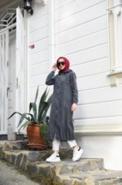 Neways - 6475-Denim Kapşonlu fermuarlı tunik Füme