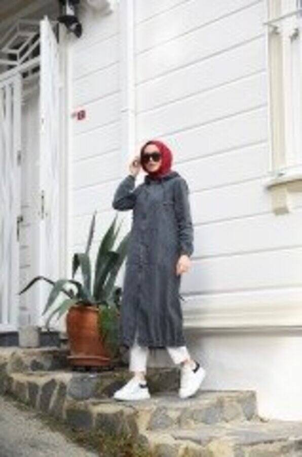 6475-Denim Kapşonlu fermuarlı tunik Füme