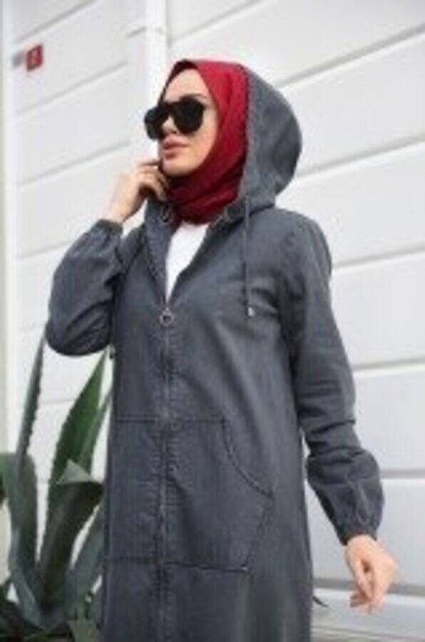 6475-Denim Kapşonlu fermuarlı tunik Füme