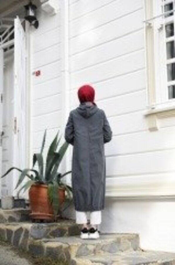 6475-Denim Kapşonlu fermuarlı tunik Füme