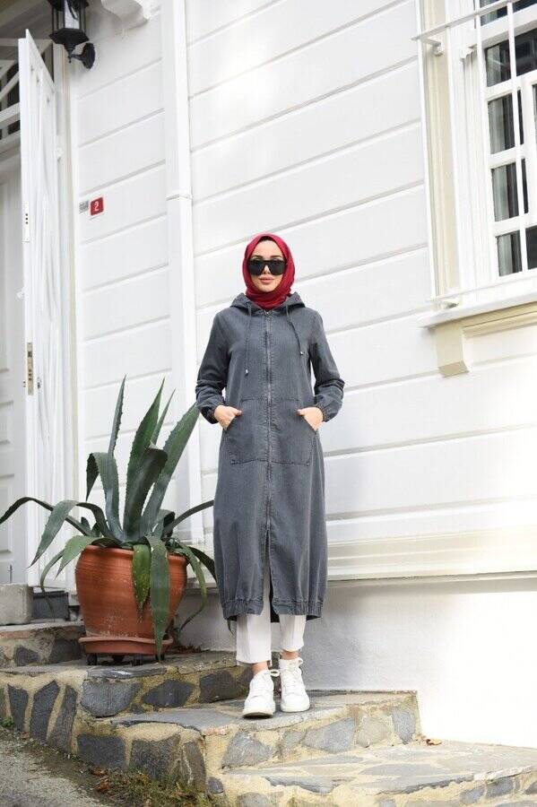 6475-Denim Kapşonlu fermuarlı tunik Füme