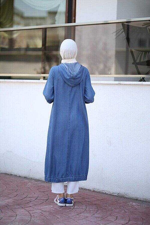 6475-Denim Kapşonlu fermuarlı  tunik Koyu Mavi - 4