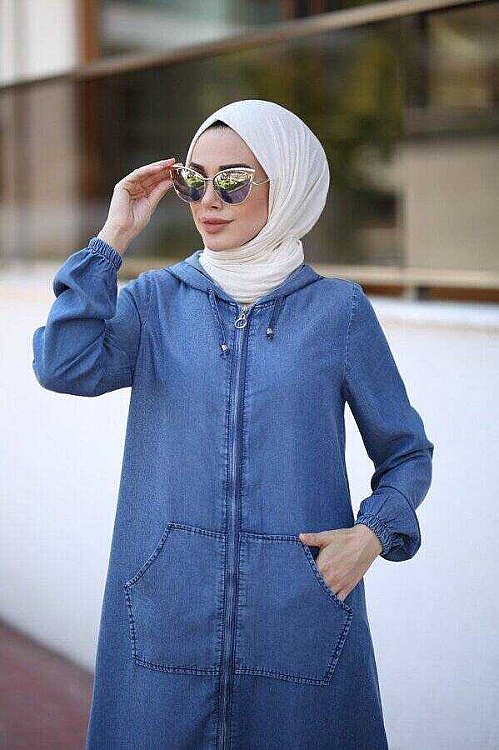 6475-Denim Kapşonlu fermuarlı  tunik Koyu Mavi - 2