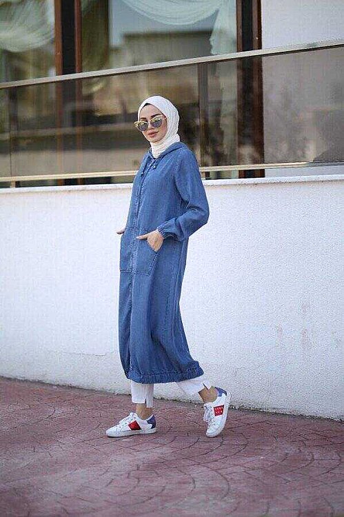 6475-Denim Kapşonlu fermuarlı  tunik Koyu Mavi - 3