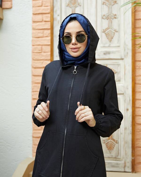 6475-Denim Kapşonlu fermuarlı tunik Siyah