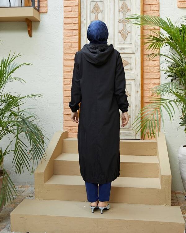6475-Denim Kapşonlu fermuarlı tunik Siyah