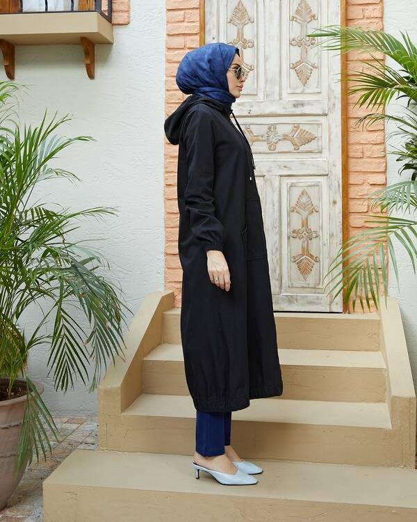 6475-Denim Kapşonlu fermuarlı tunik Siyah