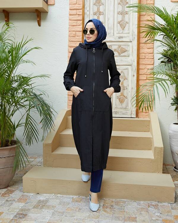 6475-Denim Kapşonlu fermuarlı tunik Siyah