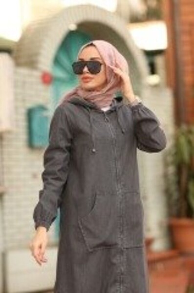 Neways - 6475-Denim UZUN Kapşonlu fermuarlı tunik Koyu Gri