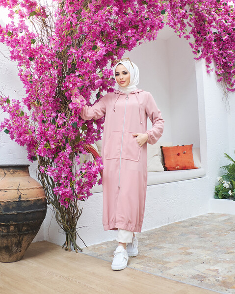 Neways - 6475-Krep Kapşonlu Fermuarlı tunik Pudra