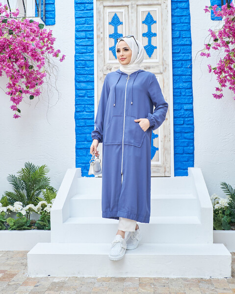 Neways - 6475-Krep Kapşonlu Fermuarlı tunik İndigo