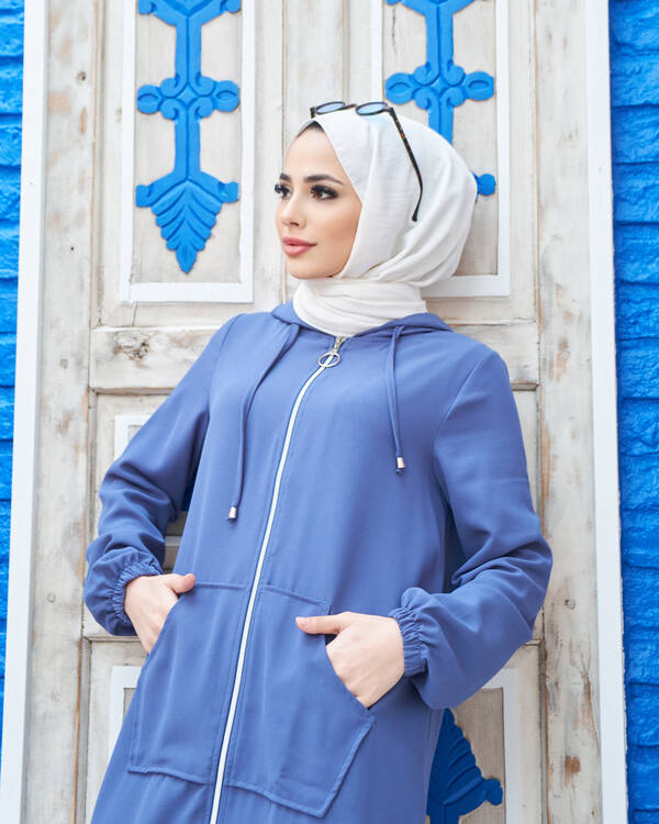 6475-Krep Kapşonlu Fermuarlı tunik İndigo