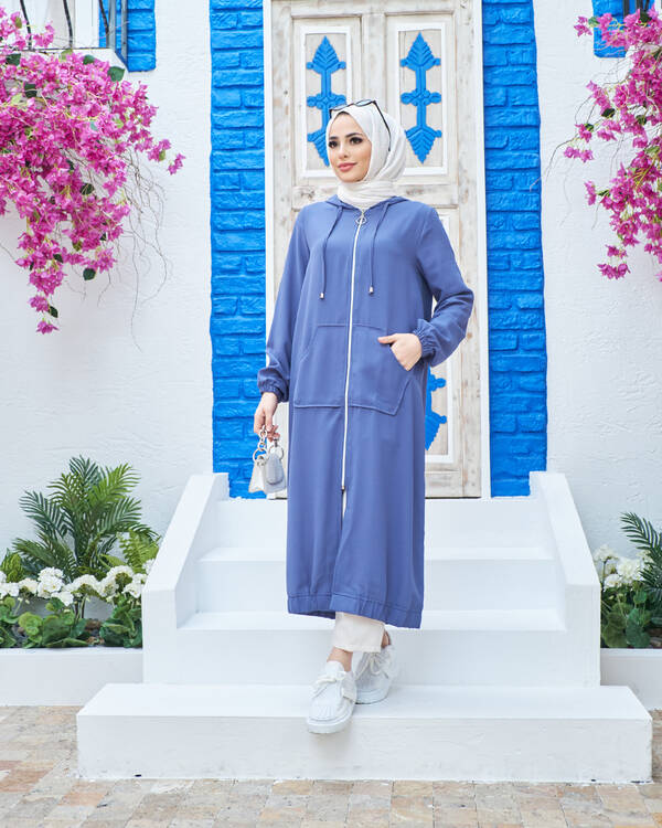 6475-Krep Kapşonlu Fermuarlı tunik İndigo