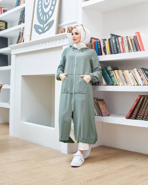 6475-Krep Kapşonlu Fermuarlı tunik Mint Yeşili