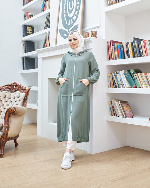 Neways - 6475-Krep Kapşonlu Fermuarlı tunik Mint Yeşili
