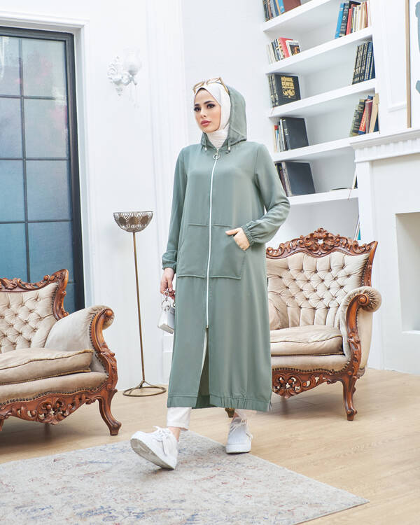 6475-Krep Kapşonlu Fermuarlı tunik Mint Yeşili