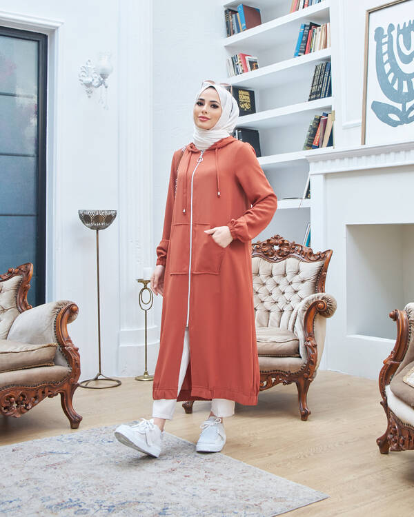 6475-Krep Kapşonlu Fermuarlı tunik Taba
