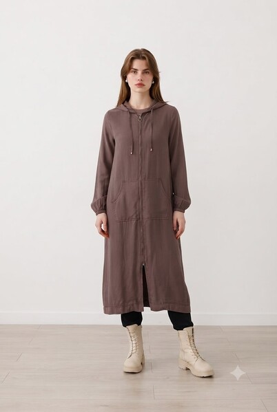 Neways - 6475-Parça Boyalı Kapşonlu Fermuarlı Tunik Kahve
