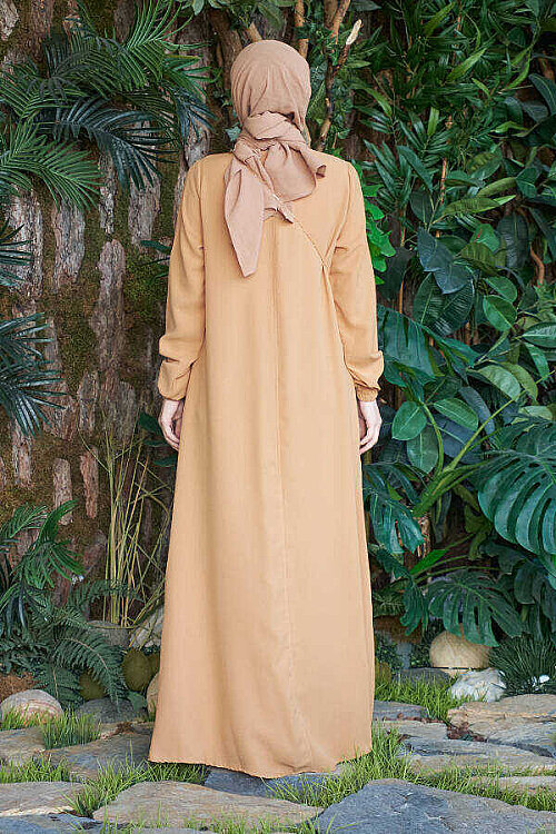 6482-Berlin  A Pileli Elbise Camel - 4