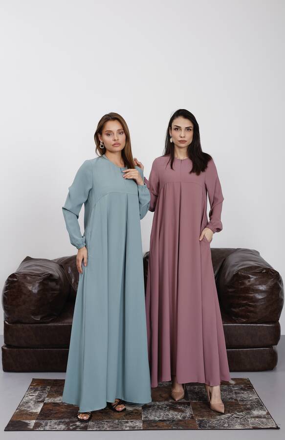 6482-Berlin A Pileli Elbise Mint Yeşili