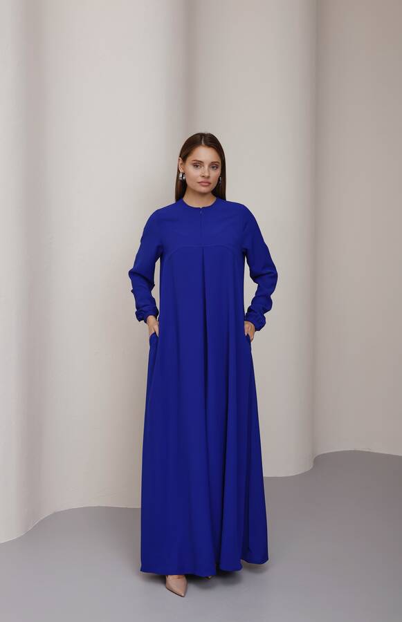 6482-Berlin A Pileli Elbise Saks Mavisi