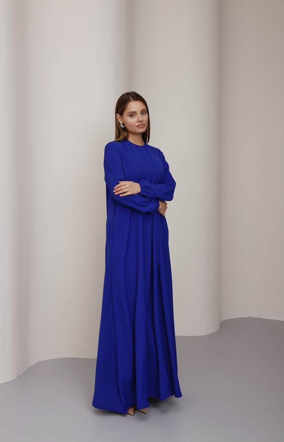 6482-Berlin A Pileli Elbise Saks Mavisi