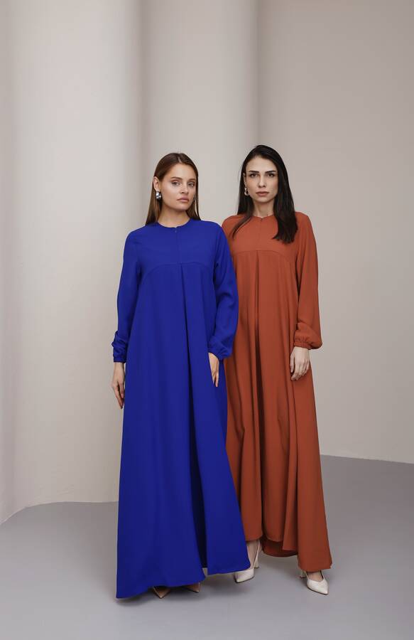 6482-Berlin A Pileli Elbise Saks Mavisi