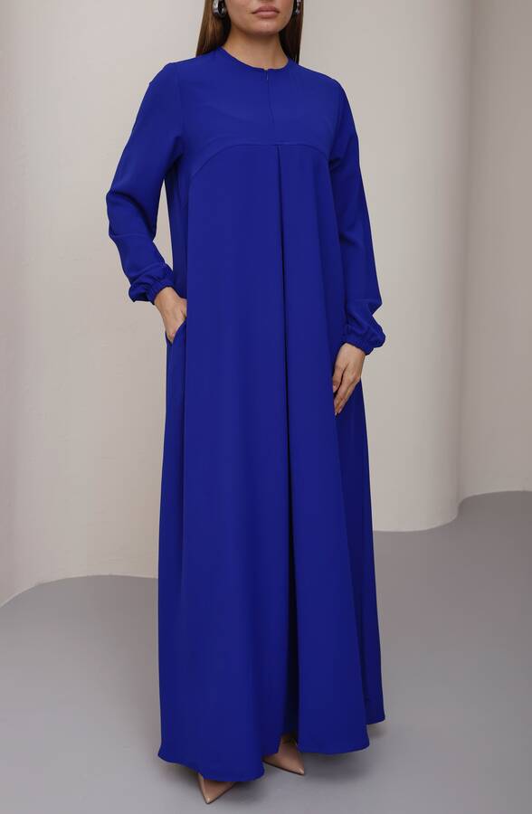 6482-Berlin A Pileli Elbise Saks Mavisi