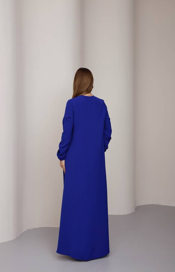 6482-Berlin A Pileli Elbise Saks Mavisi