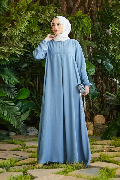 Neways - 6482-DENİM ÖN TEK PİLELİ ELBİSE Mavi