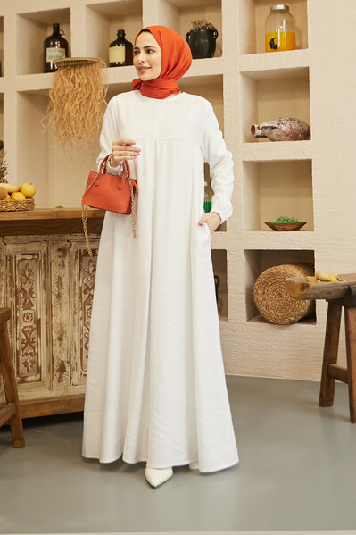 Neways - 6482-Ön A Pileli Elbise Beyaz Neways - 6482-Ön A Pileli Elbise Beyaz