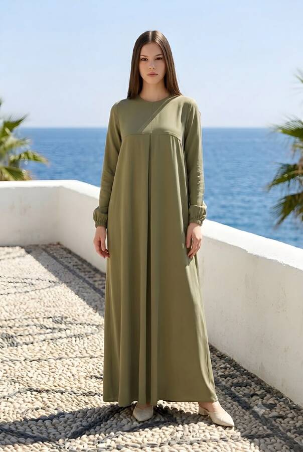 6482-DENİM ÖN TEK PİLELİ ELBİSE Haki