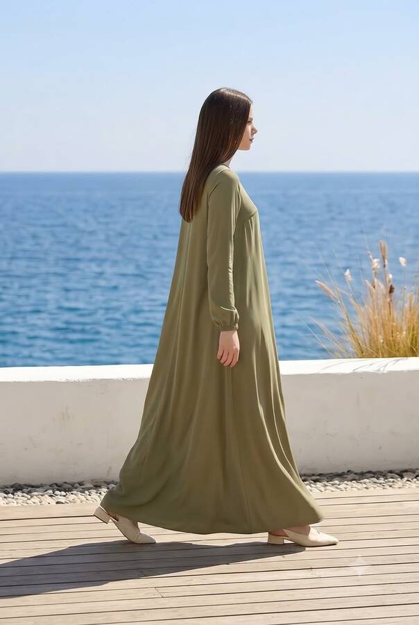 6482-DENİM ÖN TEK PİLELİ ELBİSE Haki