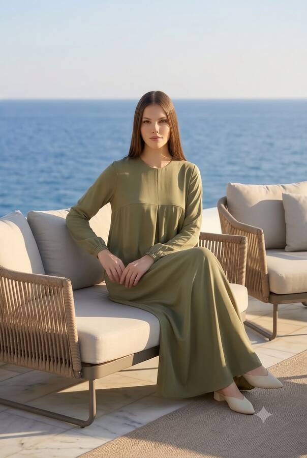 6482-DENİM ÖN TEK PİLELİ ELBİSE Haki